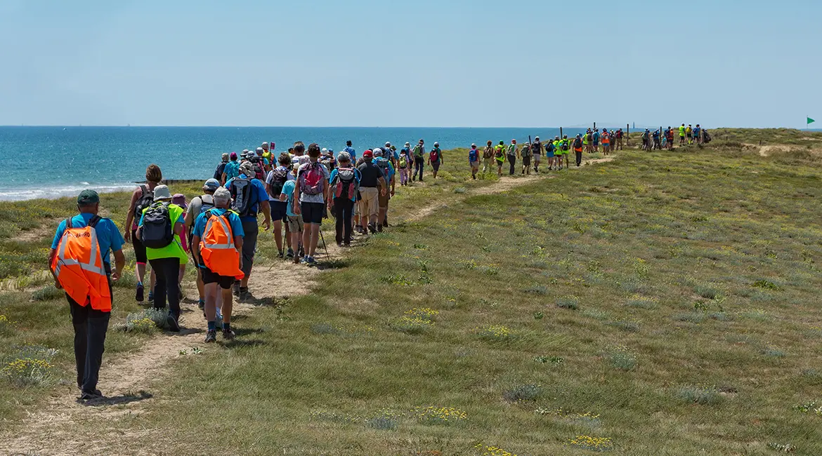groupe de randonneurs marchant sur la côte