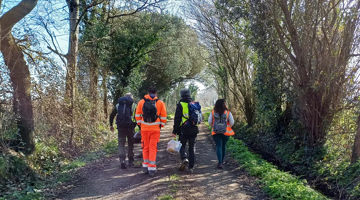 groupe de personnes en randonnée sur un chemin de campagne